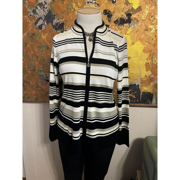 Misook Sweaters - Exclusively Misook Zip Front Knit Multi Colored Cardigan W/Flower Zipper Pull S